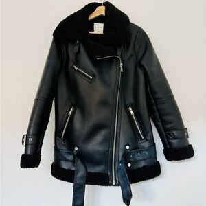 Avec Les Filles Black Faux Vegan Leather Shearling Motorcycle Biker Jacket